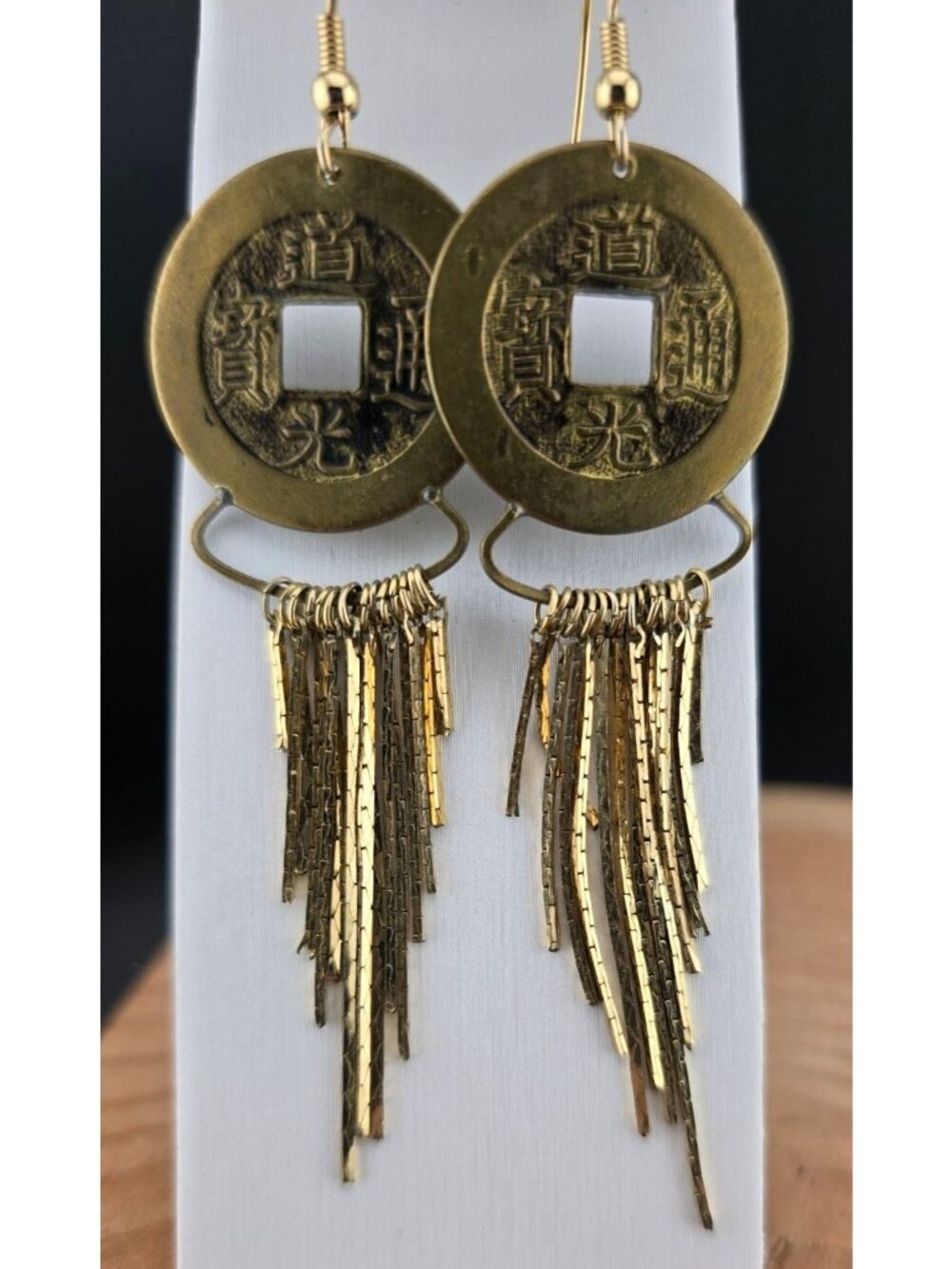 Asian Inspired Gold Tone Coin Tassel Dangle Earrings with Fringe